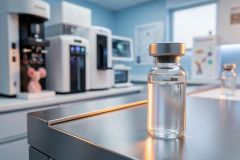 A clear glass vial filled with liquid sits on a metallic laboratory surface. The background features blurred high-tech scientific equipment and medical machinery in a modern, bright laboratory setting with cool blue and white tones, ideal for pharmaceutical or biotechnology research themes.