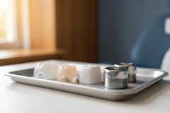 A close-up view of various dental crowns on a stainless steel tray in a bright dental clinic. The tray features white ceramic, silver metal, and translucent tooth-colored dental prosthetics. Soft sunlight illuminates the scene against a blurred background of a blue chair and a window, highlighting restorative dentistry tools.
