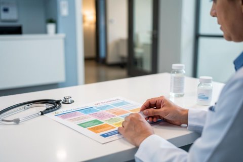 A healthcare professional wearing a white lab coat reviews a colorful medical chart on a white desk in a modern clinic. A stethoscope and medicine bottles are visible on the table, suggesting a pharmacy or doctor's office setting. The bright, clean environment emphasizes a professional medical consultation.