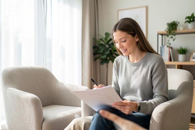 A young woman smiling while reviewing documents in a bright, modern living room. She sits in a cozy armchair, holding a pen and paper. The sunlit interior features large windows with sheer curtains, green indoor plants, and a bookshelf, creating a peaceful home office or study environment with neutral colors and natural light.