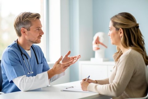 A male doctor in blue scrubs and a white coat conducts a medical consultation with a female patient in a bright, modern clinic. He uses hand gestures to explain information while the patient sits at a white desk with a clipboard. The professional setting features soft lighting and a medical anatomical model in the background, emphasizing a healthcare environment.