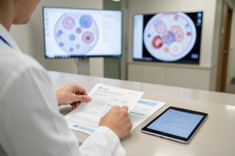 A medical researcher in a white lab coat reviews scientific documents and data in a modern laboratory setting. Two large monitors in the background display colorful molecular or cellular diagrams. A digital tablet rests on the desk alongside the paperwork, showcasing advanced healthcare technology and clinical research analysis in a bright, professional environment.