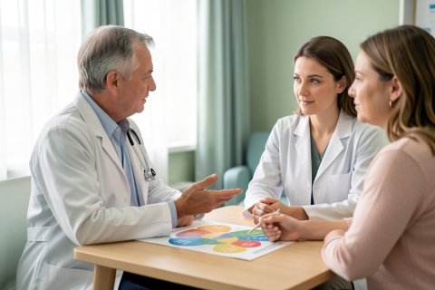 A male doctor in a white lab coat sits at a desk in a bright medical office, gesturing towards a colorful circular chart while consulting with a female patient and a female medical professional. The scene captures a professional healthcare discussion in a well-lit clinic setting with soft colors.