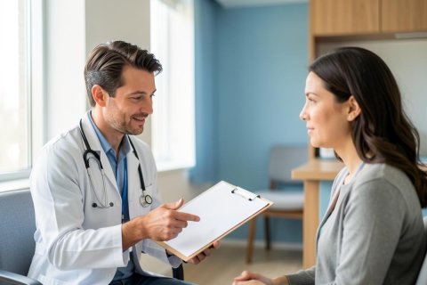 A professional male doctor in a white lab coat with a stethoscope holds a clipboard during a medical consultation with a female patient. They are in a bright, modern clinic or doctor's office with large windows and soft blue walls. The scene depicts a friendly healthcare interaction and professional medical advice.