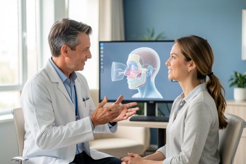 A male doctor in a white lab coat conducts a consultation with a female patient in a bright, modern medical office. A digital monitor in the background displays a 3D anatomical scan of a human skull and jaw, highlighting a dental or orthodontic discussion. The scene features a professional healthcare setting with clean white and blue tones and natural lighting.