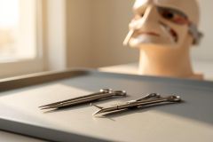Professional medical setting featuring stainless steel surgical instruments, including forceps and scissors, on a grey tray. A blurred anatomical human head model is visible in the background, illuminated by soft, warm natural light from a window, ideal for healthcare and medical education contexts.