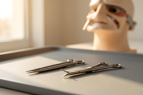Professional medical setting featuring stainless steel surgical instruments, including forceps and scissors, on a grey tray. A blurred anatomical human head model is visible in the background, illuminated by soft, warm natural light from a window, ideal for healthcare and medical education contexts.