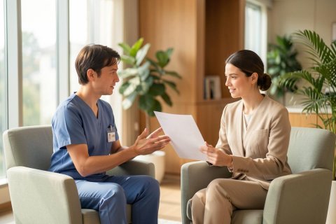 A male healthcare professional in blue scrubs and a female professional in a beige suit sit in armchairs, discussing a document in a bright, modern office. The sunlit room features large windows, lush indoor plants, and warm wooden accents, creating a calm atmosphere for a professional medical consultation or business meeting.