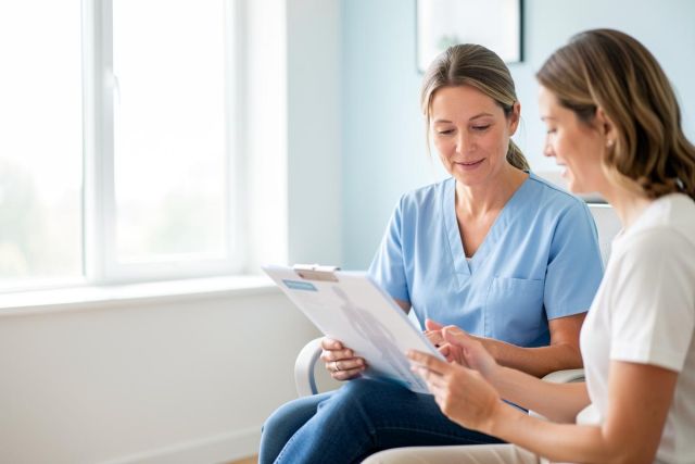 A female nurse in blue scrubs reviews medical documents on a clipboard with a patient in a bright, sunlit clinical setting. This professional healthcare consultation occurs in a modern medical office, highlighting patient care, communication, and medical documentation.