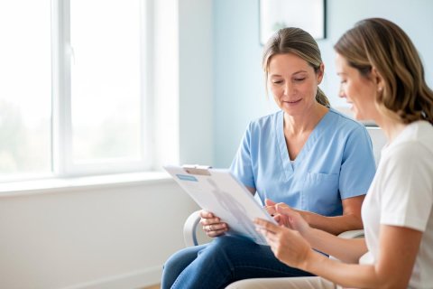 A female nurse in blue scrubs reviews medical documents on a clipboard with a patient in a bright, sunlit clinical setting. This professional healthcare consultation occurs in a modern medical office, highlighting patient care, communication, and medical documentation.