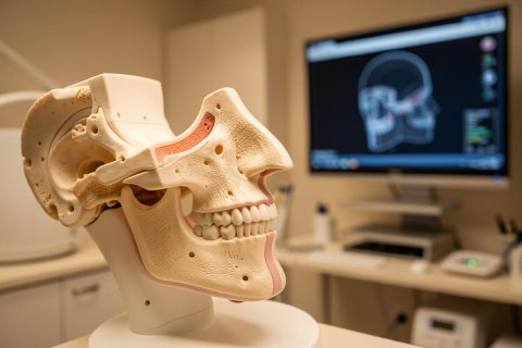 Detailed anatomical model of a human skull and jaw structure in a dental or medical office setting. The model features the maxilla and mandible, while a computer monitor in the blurred background displays a 3D skull scan. This professional clinical environment is ideal for dental education, oral surgery, or radiology contexts, featuring neutral tones and realistic textures.