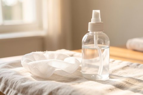 A clear spray bottle filled with transparent liquid sits on a white textured cloth in a bright, sunlit indoor setting. Warm sunlight streams through a window, creating a clean and minimalist aesthetic perfect for skincare, beauty, or wellness product photography.