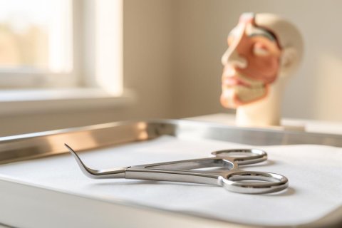 A close-up of a stainless steel surgical instrument resting on a white sterile cloth atop a metal tray in a bright medical setting. In the soft-focus background, an anatomical human head model is visible near a window, creating a clean and professional clinical environment with natural lighting.