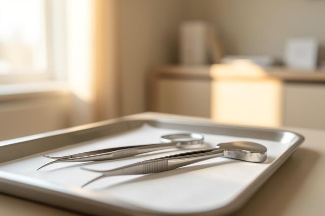 Professional stainless steel dental instruments, including a dental mirror, explorer, and tweezers, arranged on a white-lined metal tray. The scene is set in a bright, sunlit dental clinic with a soft-focus background of a window and medical cabinetry. The clean, warm lighting emphasizes a hygienic and professional healthcare environment.