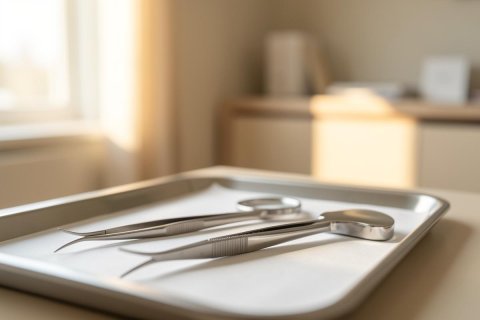 Professional stainless steel dental instruments, including a dental mirror, explorer, and tweezers, arranged on a white-lined metal tray. The scene is set in a bright, sunlit dental clinic with a soft-focus background of a window and medical cabinetry. The clean, warm lighting emphasizes a hygienic and professional healthcare environment.