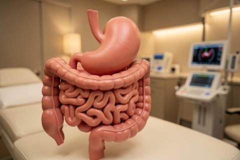 A detailed anatomical model of the human digestive system, showcasing the stomach and intestines, resting on a white medical examination table. The scene is set in a bright, modern clinic with blurred medical monitors and healthcare equipment in the background. The pink-colored model provides a clear view of the gastrointestinal tract in a professional medical context.