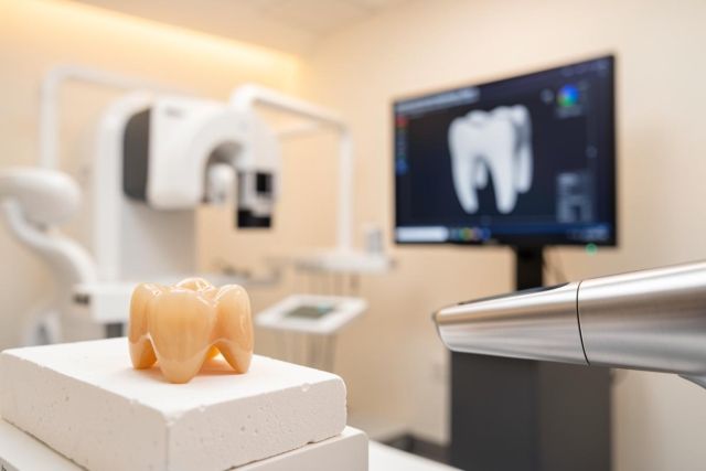 A high-quality ceramic dental crown sits on a white plaster block in a modern dental laboratory. The background shows a blurred computer monitor displaying a 3D digital tooth model, illustrating advanced CAD/CAM technology and digital dentistry processes in a clean, professional clinical setting.