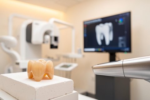 A high-quality ceramic dental crown sits on a white plaster block in a modern dental laboratory. The background shows a blurred computer monitor displaying a 3D digital tooth model, illustrating advanced CAD/CAM technology and digital dentistry processes in a clean, professional clinical setting.