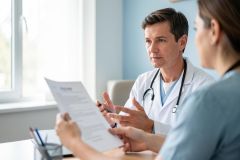 A professional male doctor wearing a white lab coat and stethoscope discusses a medical report with a female healthcare worker in blue scrubs. They are in a bright, modern medical clinic with natural light coming from a window, highlighting a collaborative healthcare consultation and professional medical teamwork.