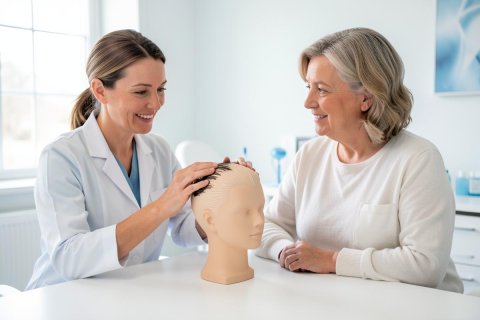 A female dermatologist in a white lab coat conducts a hair loss consultation with an older female patient in a bright, modern medical clinic. The specialist uses a mannequin head to demonstrate hair thinning and scalp conditions. The scene is professional, featuring clean white and blue tones and bright, natural lighting.