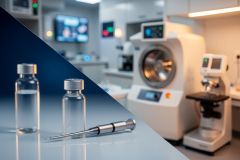 This split-composition image features close-up glass vials with clear liquid and a metal pipette on a cool blue surface, set against a blurred medical laboratory background. The clinical environment includes scientific equipment like a microscope and large analytical machines, representing pharmaceutical research, biotechnology, and medical testing.