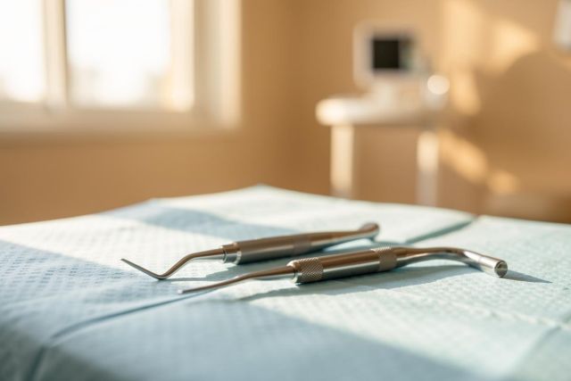 Close-up of professional silver dental instruments resting on a light blue sterile surgical drape. The scene is set in a bright, modern dental clinic with a blurred background showing medical equipment and sunlight streaming through a window, emphasizing a clean and professional healthcare environment.