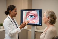 A professional female doctor in a white coat explains a detailed anatomical eye diagram on a large monitor to an older female patient. Set in a modern, bright medical clinic with neutral tones, this scene depicts an ophthalmology consultation and patient education regarding eye health and vision care.