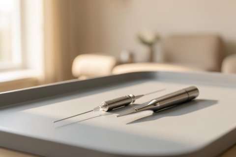 Professional silver microblading pens or tattoo machines resting on a sleek grey tray in a bright, modern studio. The scene features soft natural lighting, a neutral beige color palette, and a blurred background of a clean aesthetic clinic, perfect for permanent makeup or beauty service contexts.