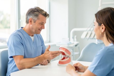 A professional male dentist in blue scrubs conducts a dental consultation using a tooth model in a bright, modern dental clinic. A female colleague or patient listens attentively. The scene features clean white surfaces, natural lighting, and a professional healthcare environment focused on oral hygiene education.