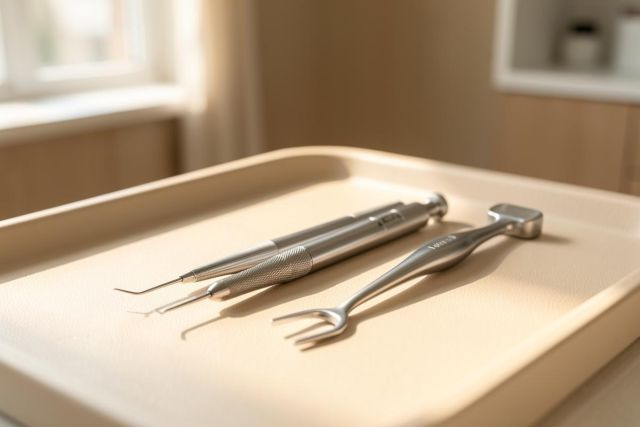 Close-up of professional silver dental instruments resting on a clean beige tray in a brightly lit medical setting. The scene features soft, warm sunlight and a neutral color palette of cream and metallic silver, creating a sterile yet calm clinical atmosphere.