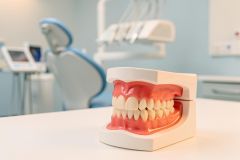 Detailed dental model of human teeth and pink gums on a white surface in a bright, professional dental clinic. The background features a blurred blue dental chair and medical equipment, providing a clear clinical context for dentistry, oral health, and dental education.