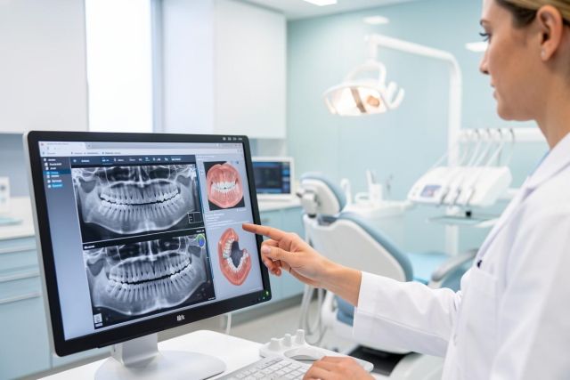 A professional female dentist in a white lab coat examines dental X-rays and oral scans on a computer monitor in a bright, modern dental clinic. The clinical environment features a dental chair and medical equipment in clean white and light blue tones, illustrating a dental diagnosis or consultation session.