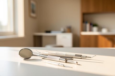Professional dental instruments, including a dental mirror and metal probes, lie on a clean white countertop in a brightly lit dental clinic. The background features a blurred modern dental office with warm wooden cabinetry and natural light, emphasizing a sterile and professional healthcare environment for oral care.