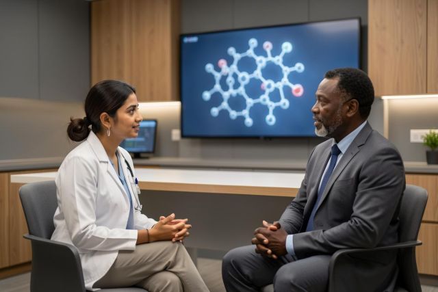 A female doctor in a white lab coat engages in a professional medical consultation with a male patient in a grey suit. They sit in a modern, brightly lit clinic featuring a large digital screen displaying a molecular structure. The scene captures a healthcare discussion in a contemporary medical office setting with neutral colors.