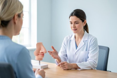 A female doctor in a white lab coat conducts a medical consultation with a patient in a bright, professional clinic. An anatomical nose model sits on the wooden desk between them, indicating an ENT or sinus-related discussion. The clean, well-lit office environment features neutral colors and natural light.