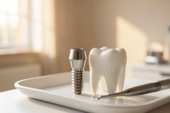 Close-up of a dental implant screw and a white ceramic tooth crown on a clean white tray. A metal dental instrument lies in the foreground. The background shows a bright, sunlit dentist office with soft natural lighting, emphasizing professional oral healthcare and restorative dentistry.