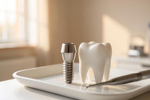 Close-up of a dental implant screw and a white ceramic tooth crown on a clean white tray. A metal dental instrument lies in the foreground. The background shows a bright, sunlit dentist office with soft natural lighting, emphasizing professional oral healthcare and restorative dentistry.