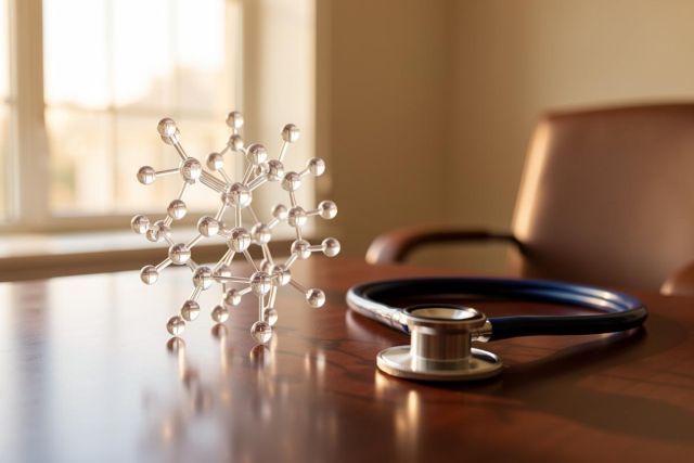 A translucent molecular model and a professional stethoscope sit on a polished wooden desk in a bright, sunlit medical office. The warm atmosphere, featuring a leather chair and soft window light, emphasizes themes of pharmaceutical research, healthcare, and scientific medical discovery.