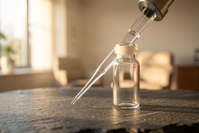 Close-up of a glass pipette dropper hovering over a small clear glass vial on a dark stone surface. The scene is bathed in warm, natural sunlight from a window in a blurred indoor background. Ideal for essential oils, skincare products, or laboratory medicine concepts.