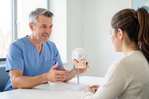 A professional male dentist in blue scrubs conducts a dental consultation with a female patient in a bright, modern clinic. He uses a human skull model on a white table to explain oral health. The scene is well-lit with clean white surroundings, emphasizing a professional medical environment and patient education.