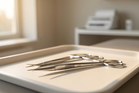 Close-up of stainless steel surgical scissors resting on a white medical tray in a bright, clinical setting. Soft natural light from a nearby window illuminates the sterile environment, featuring a blurred background of a doctor's office with medical equipment. The scene uses warm, neutral tones to convey a professional healthcare atmosphere.