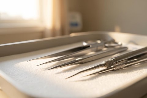 Stainless steel surgical instruments, including scissors and medical forceps, lie on a white granular surface in a medical tray. Soft, warm sunlight from a window illuminates the scene, creating a bright and sterile healthcare environment.