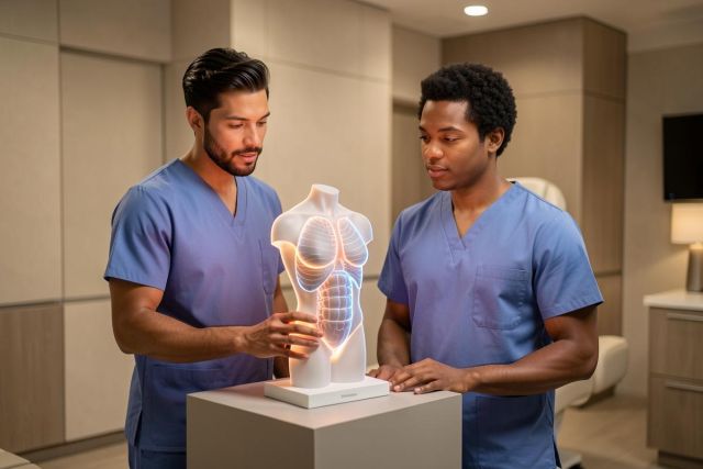 Two medical professionals in blue scrubs examine a translucent anatomical model of a human torso showing lungs and internal organs. Set in a modern, brightly lit clinical environment, the image captures a moment of medical education and healthcare study.