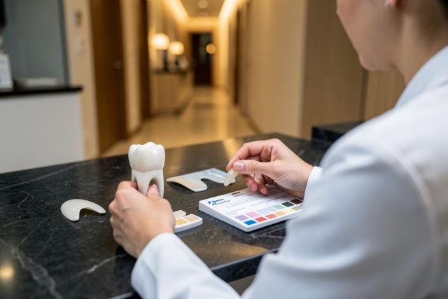 A dental professional in a white lab coat uses a tooth shade guide and a white dental model on a dark countertop. The setting is a modern dental clinic with a blurred office background, focusing on tooth color matching for cosmetic dentistry procedures.