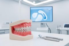 A detailed dental model of teeth and pink gums sits on a clean white surface in a modern dental clinic. Beside the model are silver dental tools, including a mirror and probe. The background shows a blurred clinical setting with a computer monitor displaying a dental scan, highlighting a professional environment for oral healthcare and dentistry.