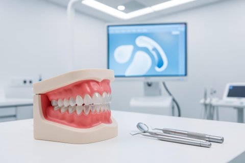 A detailed dental model of teeth and pink gums sits on a clean white surface in a modern dental clinic. Beside the model are silver dental tools, including a mirror and probe. The background shows a blurred clinical setting with a computer monitor displaying a dental scan, highlighting a professional environment for oral healthcare and dentistry.