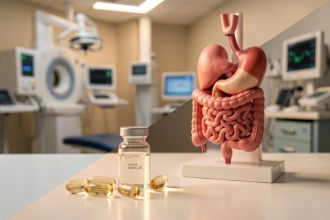 A detailed anatomical model of the human digestive system sits beside a medical vial and golden gel capsules on a white surface. The background features a blurred clinical setting with a CT scanner and medical monitors, symbolizing gastroenterology, digestive health, and pharmaceutical science in a modern healthcare environment.