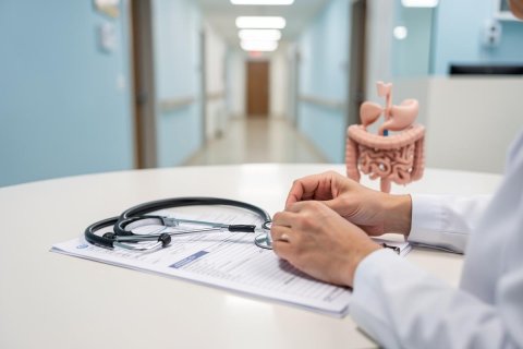 A healthcare professional in a white coat works at a desk in a bright hospital setting. The scene features a stethoscope, medical paperwork, and a detailed anatomical model of the human digestive system on a white table. The blurred clinic hallway in the background provides a professional medical context for gastroenterology and patient care.