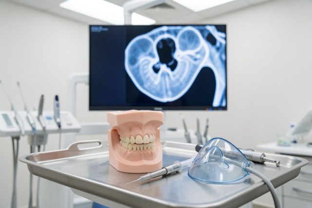 A professional dental clinic setting featuring a realistic dental model of teeth on a stainless steel tray with a blue face shield and dental instruments. In the background, a large monitor displays a detailed dental X-ray scan. The clean, bright environment emphasizes modern oral healthcare, diagnostic imaging, and advanced dental technology.