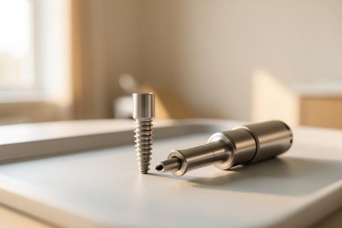 A close-up of a metallic dental implant screw and a precision dental driver tool resting on a clean white surface. The scene is set in a bright, modern dental clinic with soft natural light and a blurred professional background. This high-quality image showcases essential medical equipment used in dental implantology and oral surgery procedures.